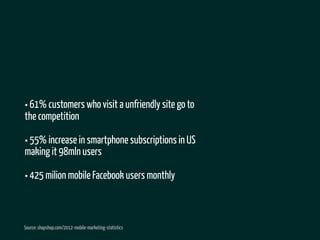 • 61% customers who visit a unfriendly site go to
the competition

• 55% increase in smartphone subscriptions in US
making it 98mln users

• 425 milion mobile Facebook users monthly


Source: shapshop.com/2012-mobile-marketing-statistics
 