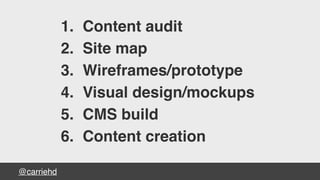 @carriehd
1. Content audit
2. Site map
3. Wireframes/prototype
4. Visual design/mockups
5. CMS build
6. Content creation
 
