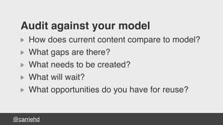 @carriehd
Audit against your model
How does current content compare to model?
What gaps are there?
What needs to be created?
What will wait?
What opportunities do you have for reuse?
 