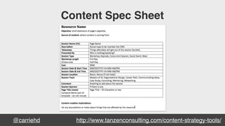 @carriehd
Content Spec Sheet
http://www.tanzenconsulting.com/content-strategy-tools/
 