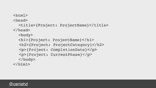 @carriehd
<html>
<head>
<title>{Project: ProjectName}</title>
</head>
<body>
<h1>{Project: ProjectName}</h1>
<h2>{Project: ProjectCategory}</h2>
<p>{Project: CompletionDate}</p>
<p>{Project: CurrentPhase}</p>
</body>
</html>
 