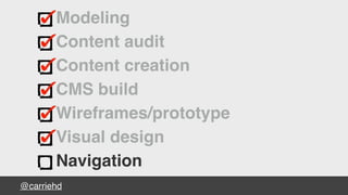 @carriehd
Modeling
Content audit
Content creation
CMS build
Wireframes/prototype
Visual design
Navigation
 