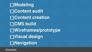 @carriehd
Modeling
Content audit
Content creation
CMS build
Wireframes/prototype
Visual design
Navigation
 