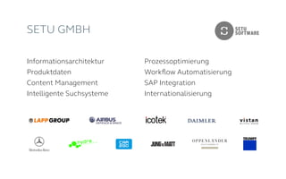 SETU GMBH
Informationsarchitektur
Produktdaten
Content Management
Intelligente Suchsysteme
Prozessoptimierung
Workflow Automatisierung
SAP Integration
Internationalisierung
 