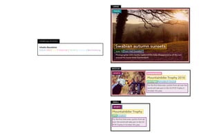 Inhalts-Bausteine
Rubrik | Bild | Titel | Untertitel | Termin | Location | Beschreibung
Inhaltstyp (Events)
LARGE
MEDIUM
SMALL
 