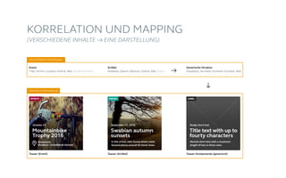 KORRELATION UND MAPPING
(VERSCHIEDENE INHALTE → EINE DARSTELLUNG)
Artikel
Headline, Datum, Abstract, Rubrik, Bild, Autor, ...
Teaser (Artikel)
Event
Titel, Termin, Location, Rubrik, Bild, Uhrzeit, Eintritt, ...
Teaser (Event)
Generische Struktur
Haupttext, Kurztext, Kurztext, Kurztext, Bild
Teaser Komponente (generisch)
Verschiedene Inhaltstypen
Identische Darstellung
 