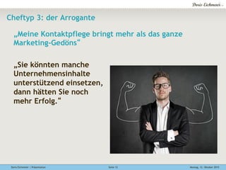 Doris Eichmeier | Präsentation Montag, 12. Oktober 2015Seite 12
Cheftyp 3: der Arrogante
„Meine Kontaktpflege bringt mehr als das ganze
Marketing-Gedöns“
„Sie könnten manche
Unternehmensinhalte
unterstützend einsetzen,
dann hätten Sie noch
mehr Erfolg.“
 