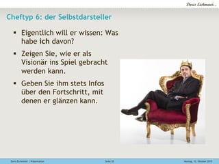 Doris Eichmeier | Präsentation Montag, 12. Oktober 2015Seite 20
Cheftyp 6: der Selbstdarsteller
§  Eigentlich will er wissen: Was
habe ich davon?
§  Zeigen Sie, wie er als
Visionär ins Spiel gebracht
werden kann.
§  Geben Sie ihm stets Infos
über den Fortschritt, mit
denen er glänzen kann.
 