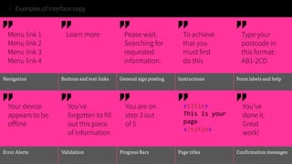 Navigation 
Buttons and text links 
Generalsign posting 
Instructions 
Form labels and help 
Error Alerts 
Validation 
Progress Bars 
Page titles 
Confirmationmessages 
Examples of interface copy 
<title> 
This is your page 
</title> 
Menu link 1 
Menu link 2 
Menu link 3 
Menu link 4 
Learn more 
To achieve that you must first do this 
Type your postcode in this format: AB1-2CD 
Your device appears to be offline 
You’ve forgotten to fill out this piece of information 
You are on step 3 out of 5 
You’ve done it. Great work! 
Pease wait. Searching for requested information.  