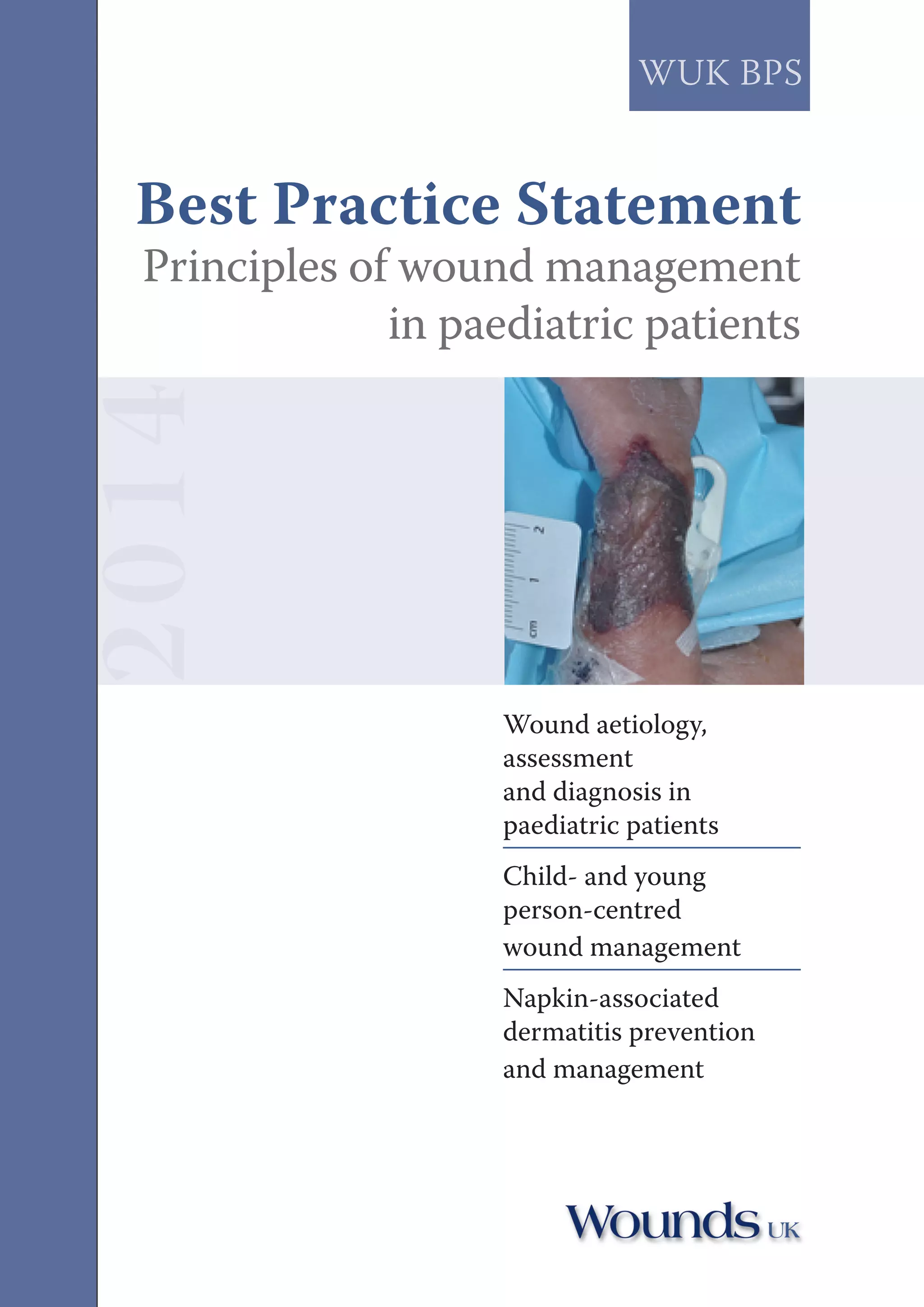Best Practice Statement
Principles of wound management
in paediatric patients
Wound aetiology,
assessment
and diagnosis in
paediatric patients
Child- and young
person-centred
wound management
Napkin-associated
dermatitis prevention
and management
2014
wuk bps
 
