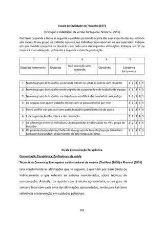 101
Escala de Civilidade no Trabalho (ECT)
(Tradução e Adaptação da versão Portuguesa: Nitzsche, 2015)
Por favor responda a todas as seguintes questões pensando acerca das suas experiências nos últimos
seis meses. O seu grupo de trabalho consiste nos indivíduos que reportam ao seu supervisor. Indique
em que medida concorda ou discorda com cada uma das seguintes afirmações. Coloque um ‘X’ na
resposta mais adequada, utilizando a seguinte escala de pontuação.
Escala Comunicação Terapêutica
Comunicação Terapêutica: Profissionais de saúde
Técnicas de Comunicação e aspetos caraterizadores da mesma (Chalifour (2008) e Phaneuf (2005)
Leia atentamente as afirmações que se seguem, e que têm por base direta ou
indiretamente o que referem os autores mencionados, sobre técnicas de
comunicação. Assinale, de acordo com a escala apresentada, o seu grau de
concordância com cada uma das afirmações apresentadas, tendo para tal como
referência a intervenção em cuidados paliativos.
1 2 3 4 5
Discordo fortemente Discordo
Não discordo nem
concordo
Concordo Concordo
fortemente
1 No meu grupo de trabalho, as pessoas tratam-se umas às outras com respeito 1 2 3 4 5
2 No meu grupo de trabalho existe espírito de cooperação e de trabalho de equipa 1 2 3 4 5
3 No meu grupo de trabalho, as disputas ou conflitos são resolvidos com justiça 1 2 3 4 5
4 As pessoas com quem trabalho interessam-se pessoalmente por mim 1 2 3 4 5
5 Posso confiar nas pessoas com quem trabalho quando preciso de ajuda 1 2 3 4 5
6 Esta organização não tolera a discriminação 1 2 3 4 5
7 As diferenças entre os indivíduos são respeitadas e valorizadas no meu grupo de
trabalho
1 2 3 4 5
8 Os gerentes/supervisores/chefes do meu grupo de trabalho/equipa trabalham
bem com funcionários provenientes de diferentes contextos
1 2 3 4 5
 