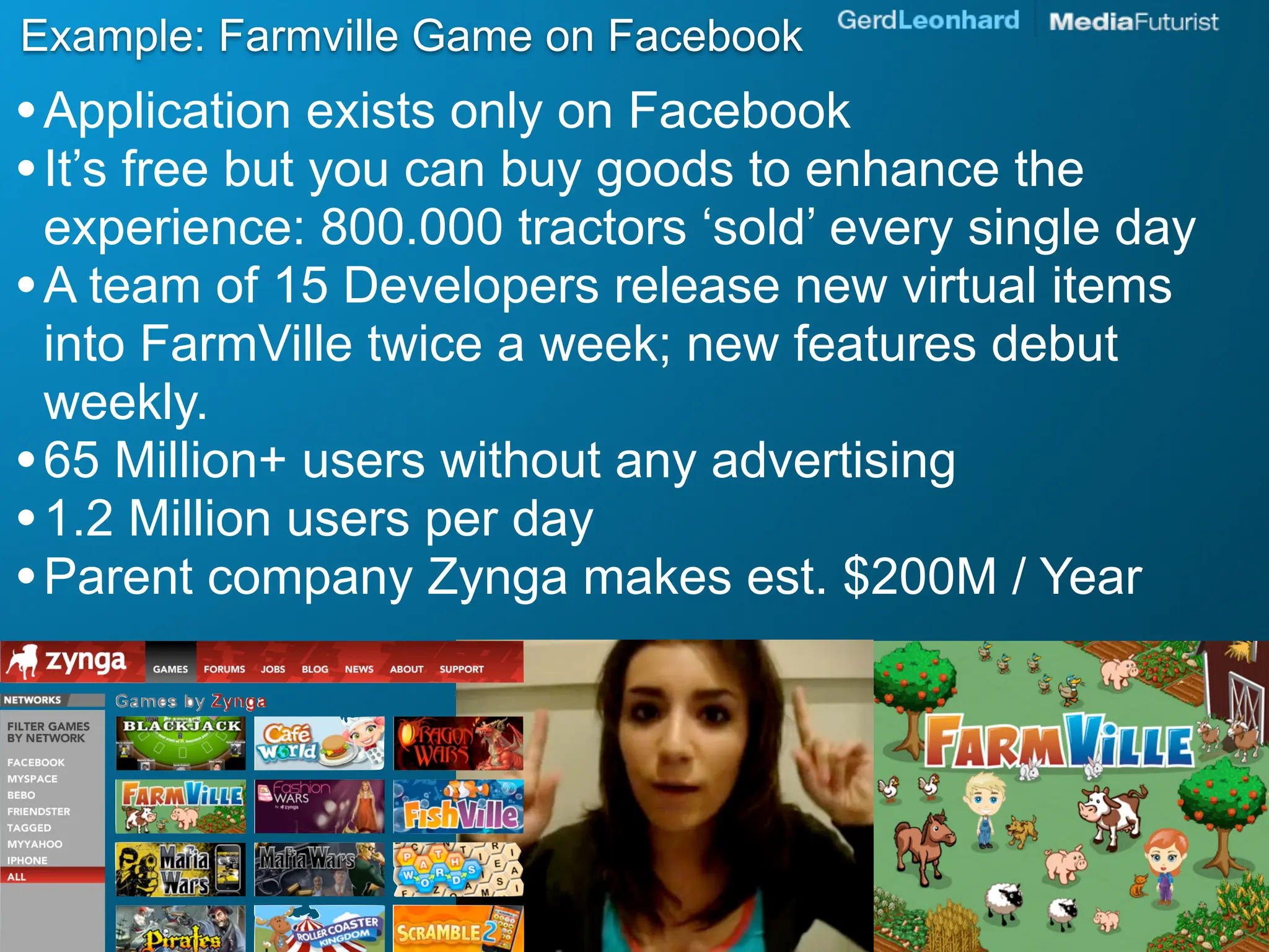Example: Farmville Game on Facebook
• Application exists only on Facebook
• It’s free but you can buy goods to enhance the
  experience: 800.000 tractors ‘sold’ every single day
• A team of 15 Developers release new virtual items
  into FarmVille twice a week; new features debut
  weekly.
• 65 Million+ users without any advertising
• 1.2 Million users per day
• Parent company Zynga makes est. $200M / Year
 