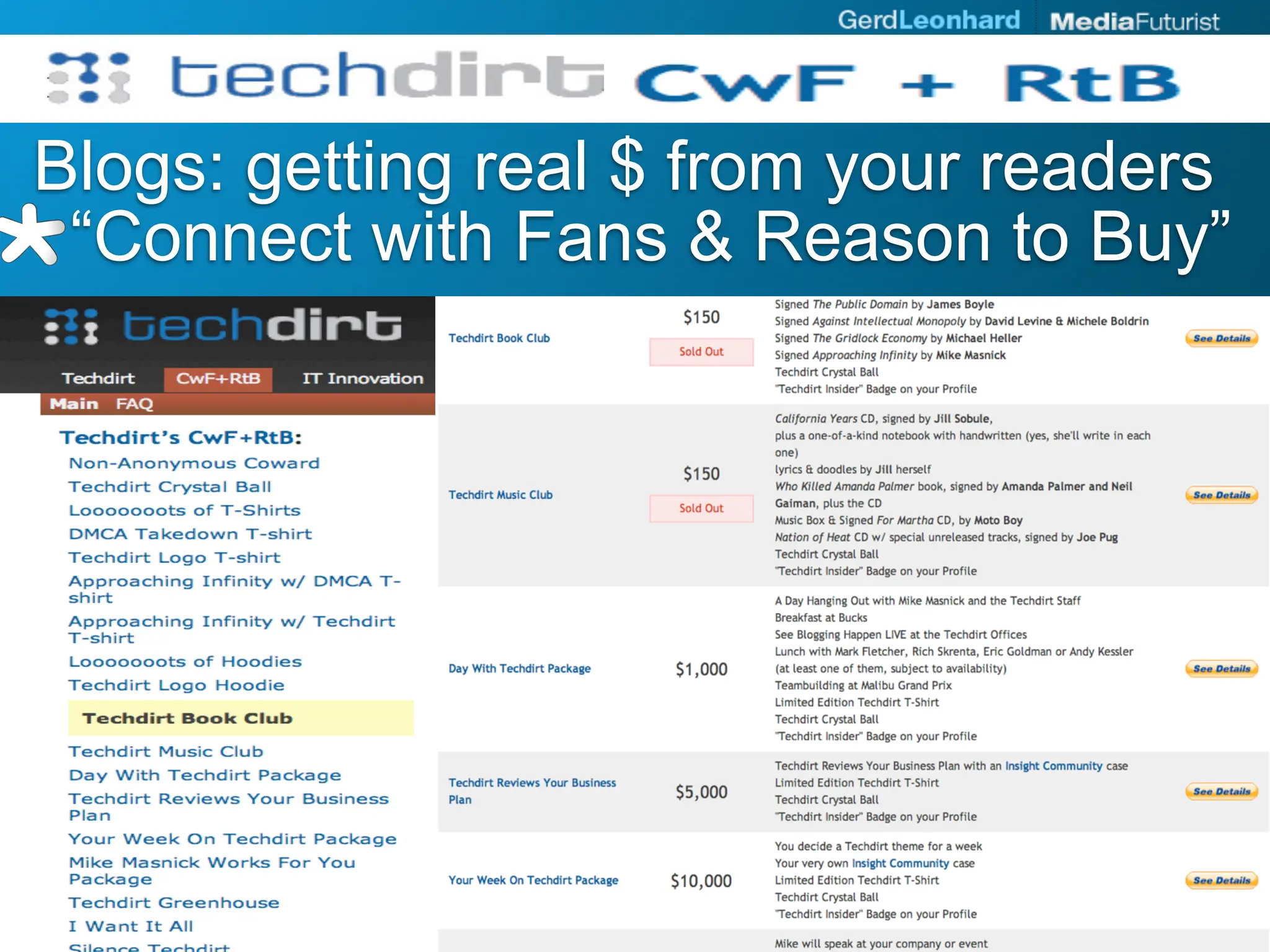 Blogs: getting real $ from your readers
 “Connect with Fans & Reason to Buy”
 