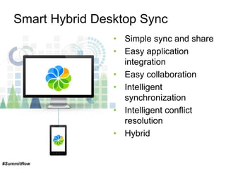 Smart Hybrid Desktop Sync
• Simple sync and share
• Easy application
integration
• Easy collaboration
• Intelligent
synchr...