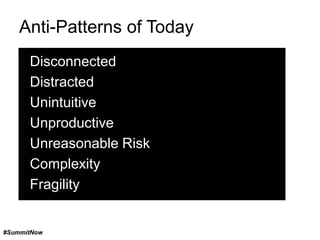Anti-Patterns of Today
Disconnected
Distracted
Unintuitive
Unproductive
Unreasonable Risk
Complexity
Fragility

#SummitNow

 