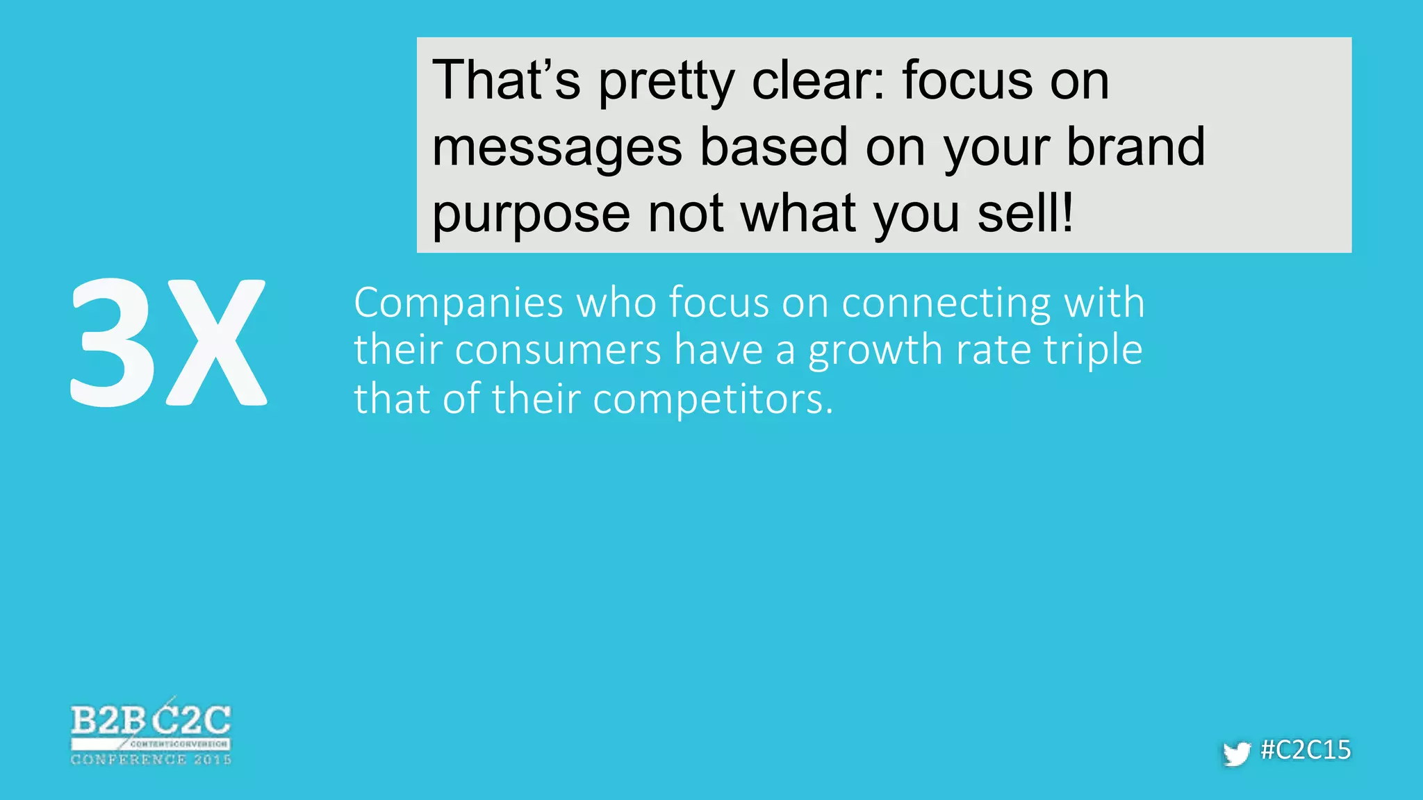 Companies who focus on connecting with
their consumers have a growth rate triple
that of their competitors.3X
#C2C15
That’s pretty clear: focus on
messages based on your brand
purpose not what you sell!
 