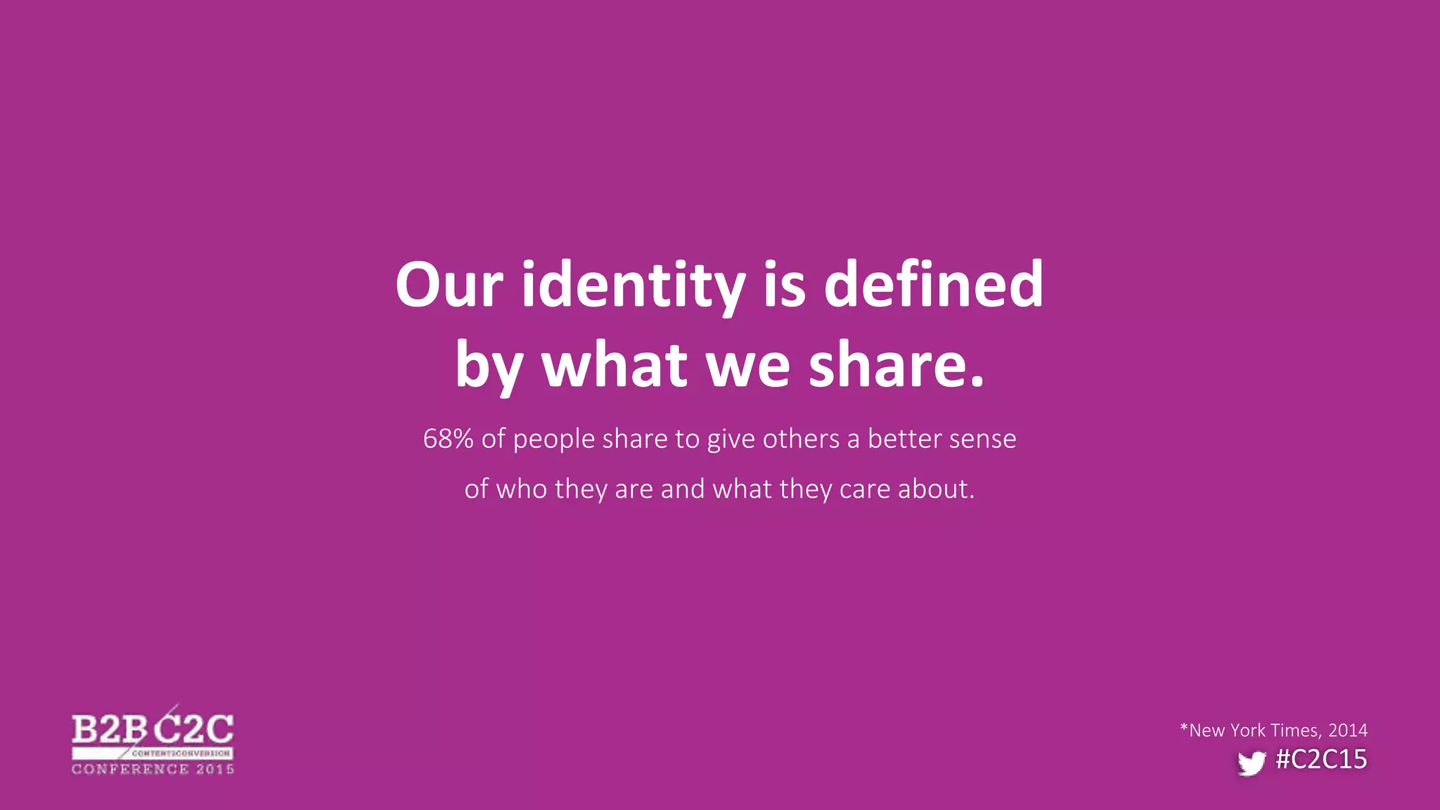 Our identity is defined
by what we share.
68% of people share to give others a better sense
of who they are and what they care about.
*New York Times, 2014
#C2C15
 