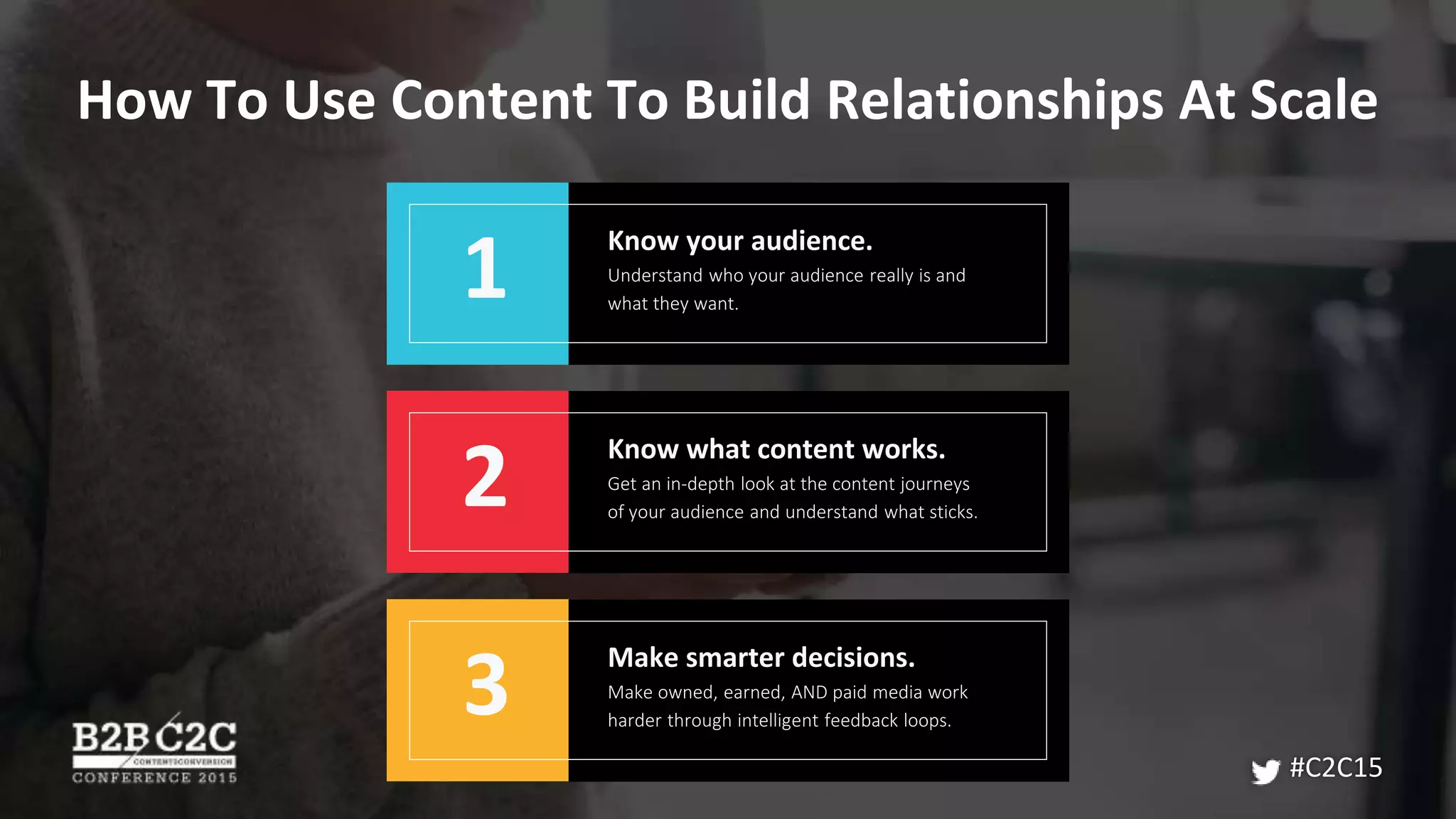 How To Use Content To Build Relationships At Scale
Know your audience.
Understand who your audience really is and
what they want.
1
Make smarter decisions.
Make owned, earned, AND paid media work
harder through intelligent feedback loops.
3
Know what content works.
Get an in-depth look at the content journeys
of your audience and understand what sticks.
2
#C2C15
 