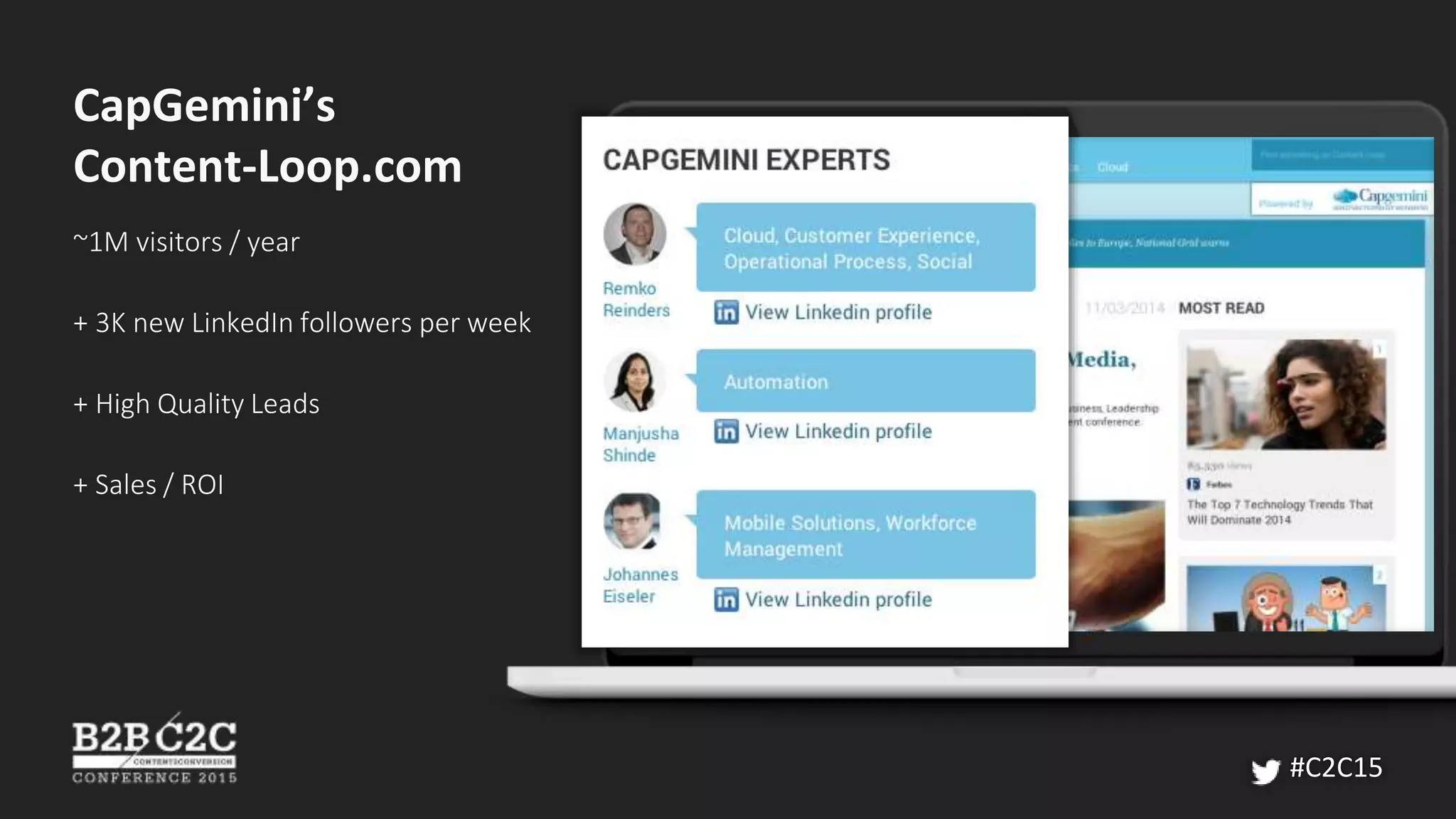 CapGemini’s
Content-Loop.com
~1M visitors / year
+ 3K new LinkedIn followers per week
+ High Quality Leads
+ Sales / ROI
#C2C15
 