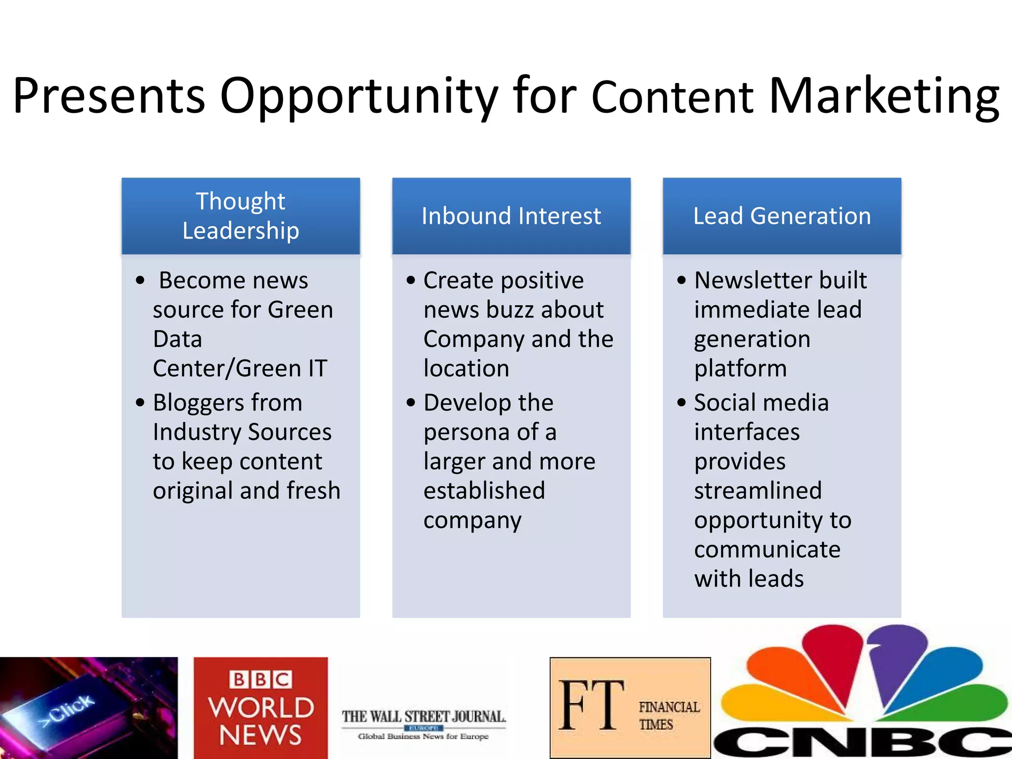 Presents Opportunity for Content Marketing
Thought
Leadership
• Become news
source for Green
Data
Center/Green IT
• Bloggers from
Industry Sources
to keep content
original and fresh
Inbound Interest
• Create positive
news buzz about
Company and the
location
• Develop the
persona of a
larger and more
established
company
Lead Generation
• Newsletter built
immediate lead
generation
platform
• Social media
interfaces
provides
streamlined
opportunity to
communicate
with leads
 
