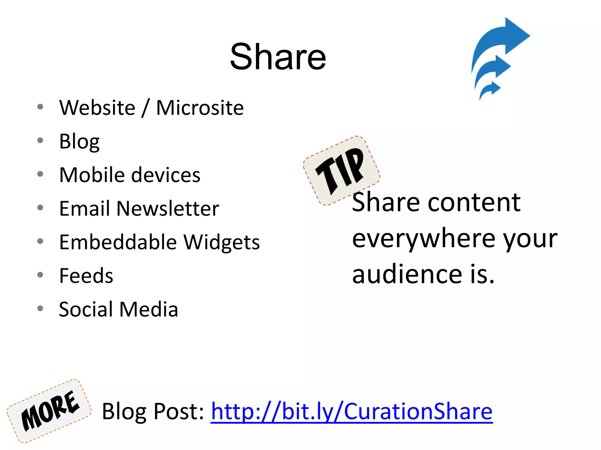 Share
• Website / Microsite
• Blog
• Mobile devices
• Email Newsletter
• Embeddable Widgets
• Feeds
• Social Media
Share content
everywhere your
audience is.
Blog Post: http://bit.ly/CurationShare
 