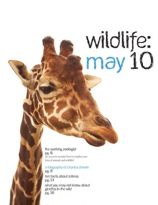 wildlife:
                                    may 10



the working zoologist
pg. 6
do you ever wonder how to employ your
love of animals and wildlife?

a biography of charles darwin
pg. 8
ten facts about zebras
pg. 14
what you may not know about
giraffes in the wild
pg. 16
 