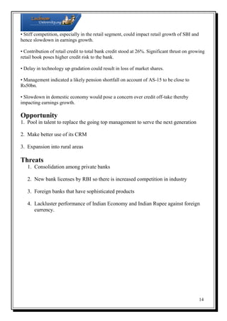 • Stiff competition, especially in the retail segment, could impact retail growth of SBI and
hence slowdown in earnings growth.
• Contribution of retail credit to total bank credit stood at 26%. Significant thrust on growing
retail book poses higher credit risk to the bank.
• Delay in technology up gradation could result in loss of market shares.
• Management indicated a likely pension shortfall on account of AS-15 to be close to
Rs50bn.
• Slowdown in domestic economy would pose a concern over credit off-take thereby
impacting earnings growth.

Opportunity
1. Pool in talent to replace the going top management to serve the next generation
2. Make better use of its CRM
3. Expansion into rural areas

Threats
1. Consolidation among private banks
2. New bank licenses by RBI so there is increased competition in industry
3. Foreign banks that have sophisticated products
4. Lackluster performance of Indian Economy and Indian Rupee against foreign
currency.

14

 