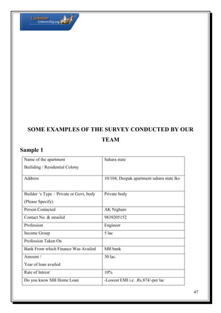SOME EXAMPLES OF THE SURVEY CONDUCTED BY OUR
TEAM
Sample 1
Name of the apartment

Sahara state

Builiding / Residential Colony
Address

10/104, Deepak apartment sahara state lko

Builder ‘s Type – Private or Govt, body

Private body

(Please Specify)
Person Contacted

AK Nigham

Contact No. & emailid

9839205152

Profession

Engineer

Income Group

5 lac

Profession Taken On
Bank From which Finance Was Availed

SBI bank

Amount /

30 lac.

Year of loan availed
Rate of Intrest

10%

Do you know SBI Home Loan

-Lowest EMI i.e. .Rs.874/-per lac
47

 