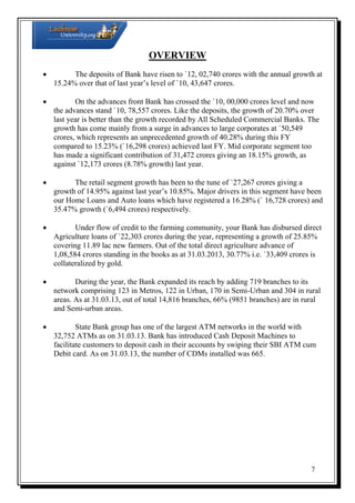 OVERVIEW

The deposits of Bank have risen to `12, 02,740 crores with the annual growth at
15.24% over that of last year’s level of `10, 43,647 crores.

On the advances front Bank has crossed the `10, 00,000 crores level and now
the advances stand `10, 78,557 crores. Like the deposits, the growth of 20.70% over
last year is better than the growth recorded by All Scheduled Commercial Banks. The
growth has come mainly from a surge in advances to large corporates at `50,549
crores, which represents an unprecedented growth of 40.28% during this FY
compared to 15.23% (`16,298 crores) achieved last FY. Mid corporate segment too
has made a significant contribution of 31,472 crores giving an 18.15% growth, as
against `12,173 crores (8.78% growth) last year.

The retail segment growth has been to the tune of `27,267 crores giving a
growth of 14.95% against last year’s 10.85%. Major drivers in this segment have been
our Home Loans and Auto loans which have registered a 16.28% (` 16,728 crores) and
35.47% growth (`6,494 crores) respectively.

Under flow of credit to the farming community, your Bank has disbursed direct
Agriculture loans of `22,303 crores during the year, representing a growth of 25.85%
covering 11.89 lac new farmers. Out of the total direct agriculture advance of
1,08,584 crores standing in the books as at 31.03.2013, 30.77% i.e. `33,409 crores is
collateralized by gold.

During the year, the Bank expanded its reach by adding 719 branches to its
network comprising 123 in Metros, 122 in Urban, 170 in Semi-Urban and 304 in rural
areas. As at 31.03.13, out of total 14,816 branches, 66% (9851 branches) are in rural
and Semi-urban areas.

State Bank group has one of the largest ATM networks in the world with
32,752 ATMs as on 31.03.13. Bank has introduced Cash Deposit Machines to
facilitate customers to deposit cash in their accounts by swiping their SBI ATM cum
Debit card. As on 31.03.13, the number of CDMs installed was 665.

7

 