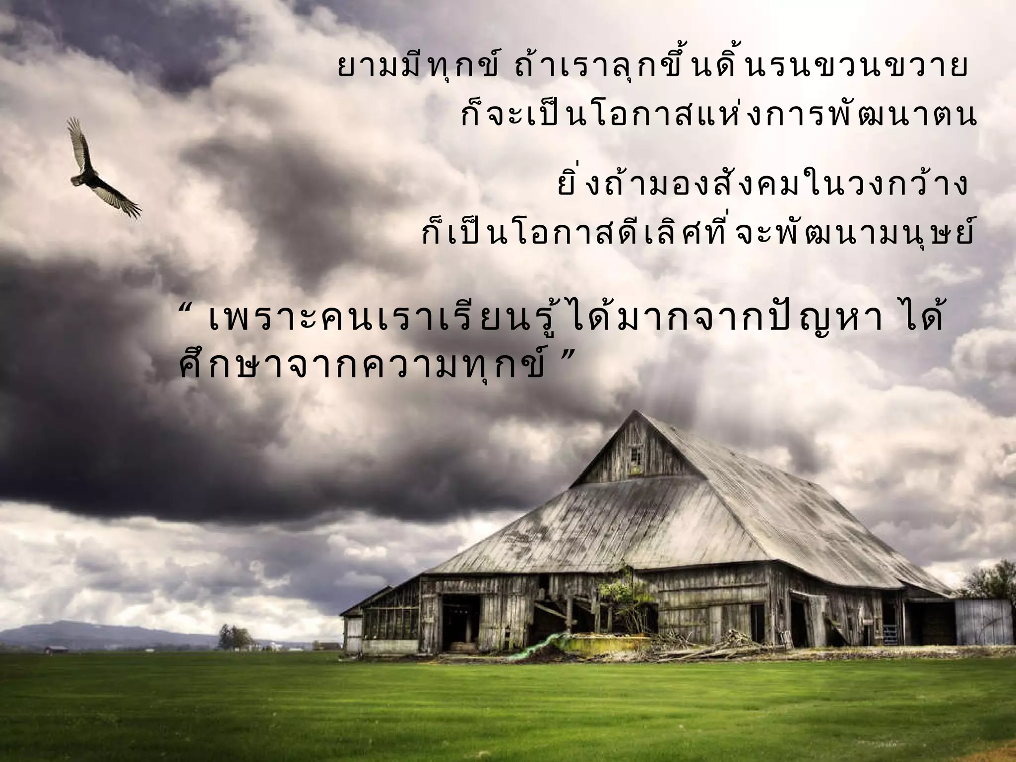 ยามมีทุกข์ ถ้าเราลุกขึ้นดิ้นรนขวนขวาย  ก็จะเป็นโอกาสแห่งการพัฒนาตน ยิ่งถ้ามองสังคมในวงกว้าง  ก็เป็นโอกาสดีเลิศที่จะพัฒนามนุษย์ “  เพราะคนเราเรียนรู้ได้มากจากปัญหา ได้ศึกษาจากความทุกข์ ” 