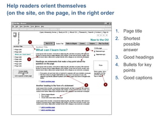 Help readers orient themselves
(on the site, on the page, in the right order

23

1. Page title
2. Shortest
possible
answer
3. Good headings
4. Bullets for key
points
5. Good captions

 