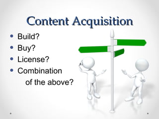 Content Acquisition
•   Build?
•   Buy?
•   License?
•   Combination
      of the above?
 