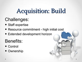 Acquisition: Build
Challenges:
• Staff expertise
• Resource commitment - high initial cost
• Extended development horizon
Benefits:
• Control
• Ownership
 