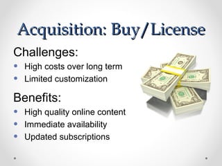Acquisition: Buy/License
Challenges:
• High costs over long term
• Limited customization
Benefits:
• High quality online content
• Immediate availability
• Updated subscriptions
 