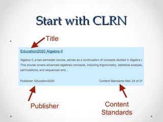 Start with CLRN
•       Title




    Publisher    Content
                Standards
 