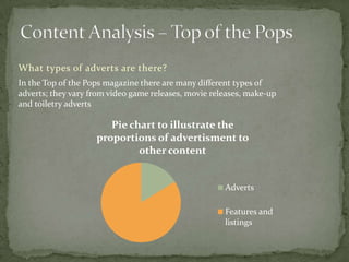 What types of adverts are there?
In the Top of the Pops magazine there are many different types of
adverts; they vary from video game releases, movie releases, make-up
and toiletry adverts

                       Pie chart to illustrate the
                    proportions of advertisment to
                             other content


                                                      Adverts

                                                      Features and
                                                      listings
 