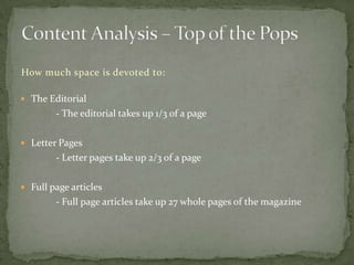 How much space is devoted to:

 The Editorial
        - The editorial takes up 1/3 of a page

 Letter Pages
        - Letter pages take up 2/3 of a page

 Full page articles
        - Full page articles take up 27 whole pages of the magazine
 