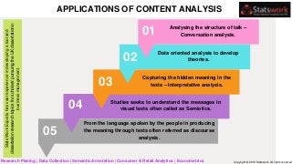 APPLICATIONS OF CONTENT ANALYSIS
Studies seeks to understand the messages in
visual texts often called as Semiotics.
From the language spoken by the people in producing
the meaning through texts often referred as discourse
analysis.
Capturing the hidden meaning in the
texts – Interpretative analysis.
Analysing the structure of talk –
Conversation analysis.
Data oriented analysis to develop
theories.
01
02
03
04
05
StatsWorkExportshasvastexperienceindevelopingatooland
dissertationresearchtopicsforscholars’pursuingtheUKdissertationin
businessmanagement.
Research Planing | Data Collection | Semantic Annotation | Consumer & Retail Analytics | Econometrics Copyright © 2019 Statswork. All rights reserved
 