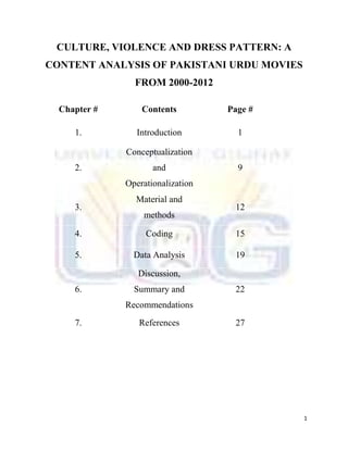 CULTURE, VIOLENCE AND DRESS PATTERN: A
CONTENT ANALYSIS OF PAKISTANI URDU MOVIES
                FROM 2000-2012

  Chapter #       Contents         Page #

     1.          Introduction        1

              Conceptualization
     2.              and             9
              Operationalization
                Material and
     3.                             12
                  methods

     4.            Coding           15

     5.         Data Analysis       19

                 Discussion,
     6.         Summary and         22
              Recommendations
     7.          References         27




                                            1
 