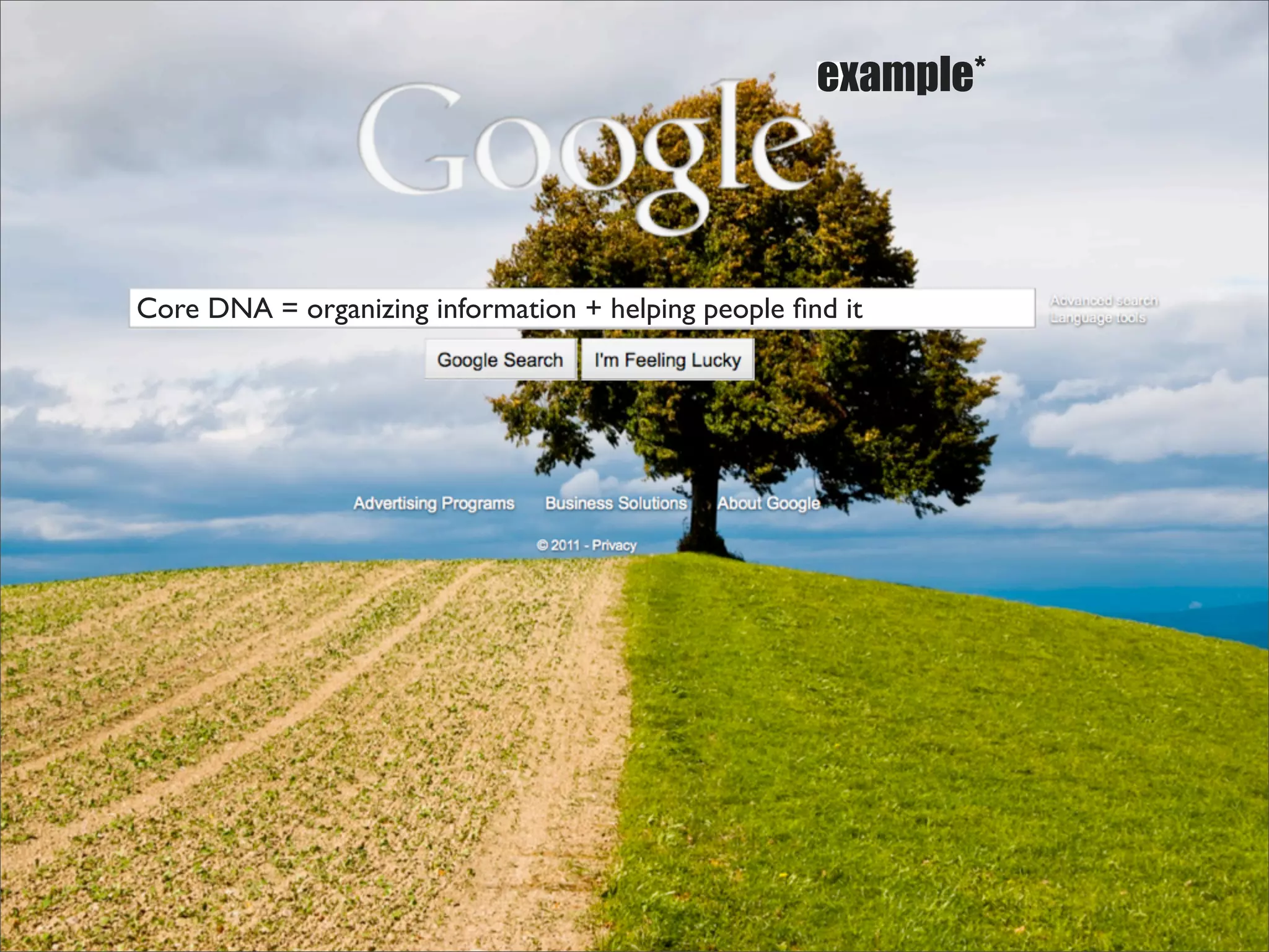 example*




Core DNA = organizing information + helping people ﬁnd it
 
