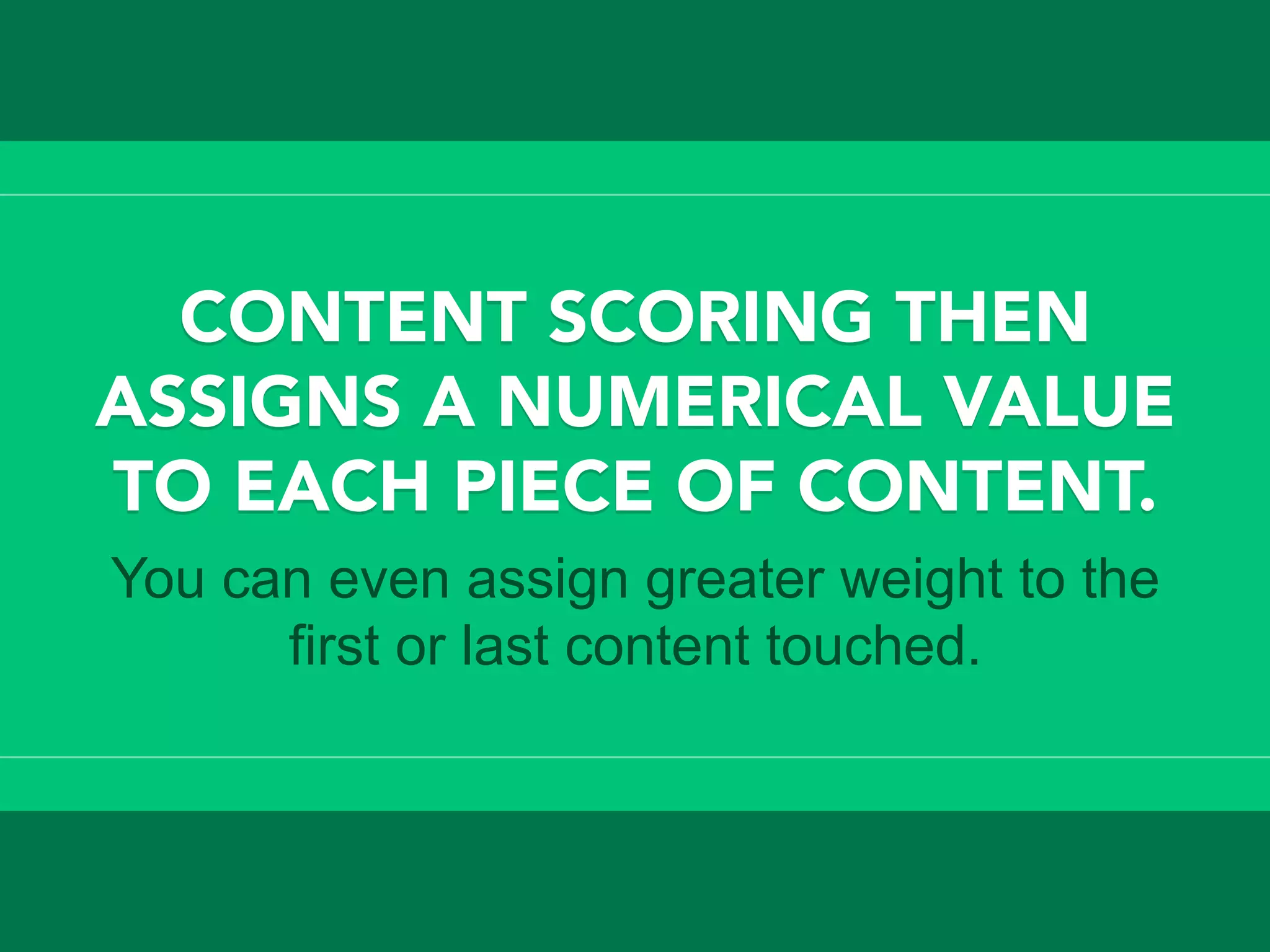 CONTENT SCORING THEN
ASSIGNS A NUMERICAL VALUE
TO EACH PIECE OF CONTENT.
You can even assign greater weight to the
first or last content touched.
 