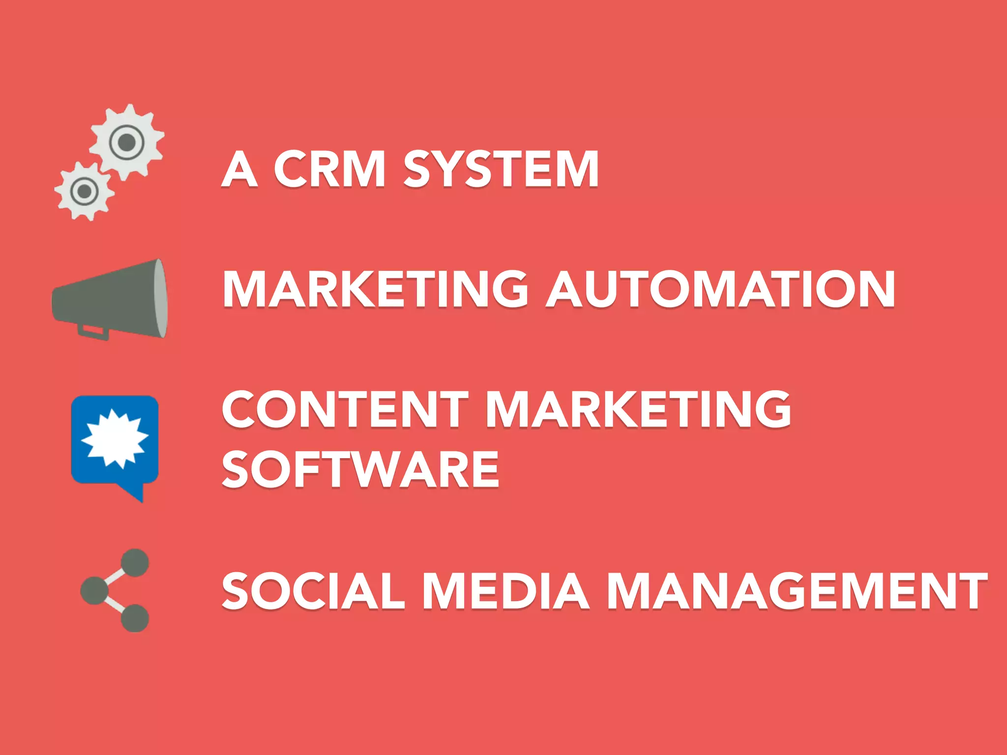 A CRM SYSTEM
MARKETING AUTOMATION
CONTENT MARKETING
SOFTWARE
SOCIAL MEDIA MANAGEMENT
 