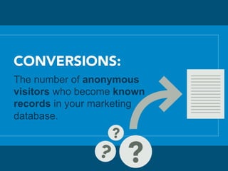 CONVERSIONS:
The number of anonymous
visitors who become known
records in your marketing
database.
 