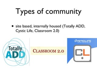Types of community site based, internally housed (Totally ADD, Cystic Life, Classroom 2.0) 