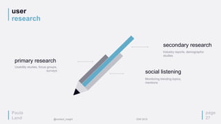 user
research
page
27
primary research
Usability studies, focus groups,
surveys
secondary research
Industry reports, demographic
studies
social listening
Monitoring trending topics,
mentions
Paula
Land @content_insight IDW 2015
 