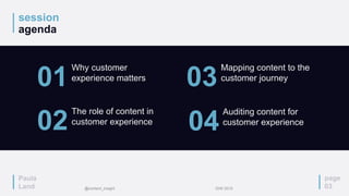 session
agenda
page
03
01
Why customer
experience matters
03
Mapping content to the
customer journey
02
The role of content in
customer experience
04
Auditing content for
customer experience
Paula
Land @content_insight IDW 2015
 