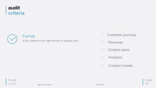 audit
criteria
page
49
Format
Is the content in the right format for optimal use?
Customer journeys
Personas
Content plans
Analytics
Content models
Paula
Land @content_insight IDW 2015
 