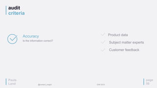 audit
criteria
page
50
Accuracy
Is the information correct?
Product data
Subject matter experts
Customer feedback
Paula
Land @content_insight IDW 2015
 
