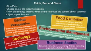 Business Studies
Combines elements of accountancy, finance, marketing,
organizational studies and economics
Think, Pair and Share
•Sit in Pairs.
•Choose one of the following subjects.
•Think of a strategy that you would use to introduce the content of that particular
subject to your learners.
 