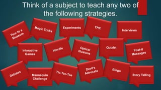 Think of a subject to teach any two of
the following strategies.
Experiments
Interviews
Quizlet
Interactive
Games
Mannequin
Challenge
Story Telling
 